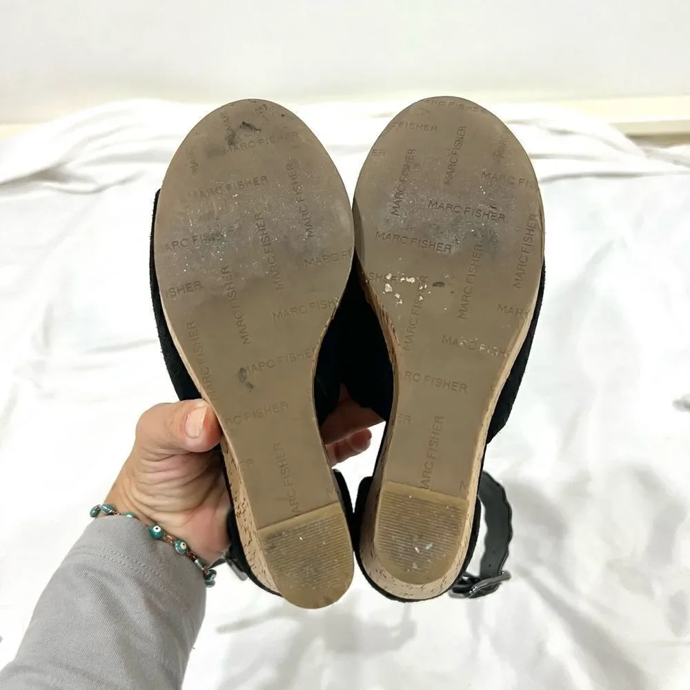 Marc Fisher black suede cork wedges sandals size 6M runs big